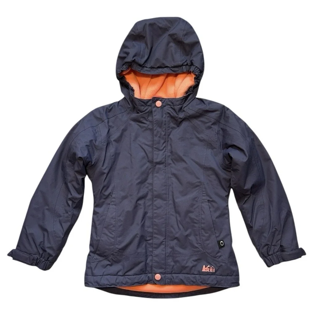 REI Girls Hooded Coat Purple / Orange Fleece Lined XS 6 - 7 Waterproof Outdoor